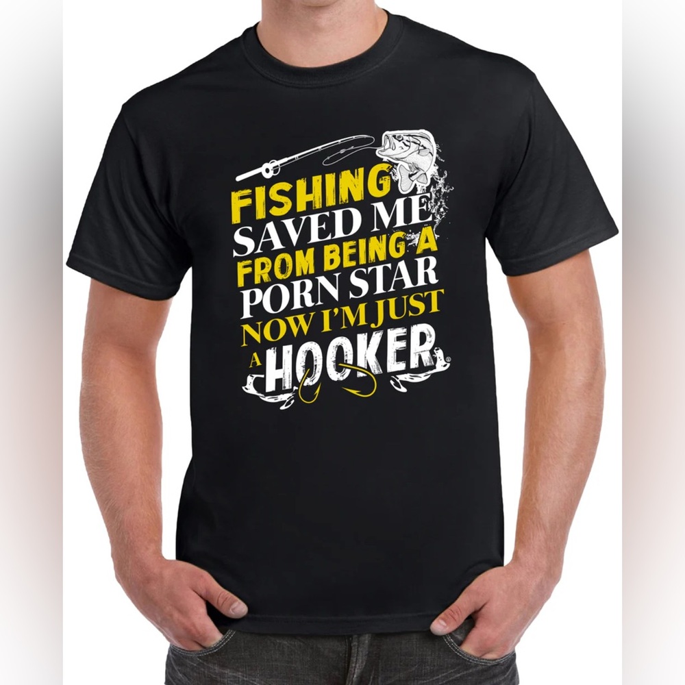 Funny Saying Black Crew Neck Short Sleeve T Shirt Fishing Save Me From. See pics